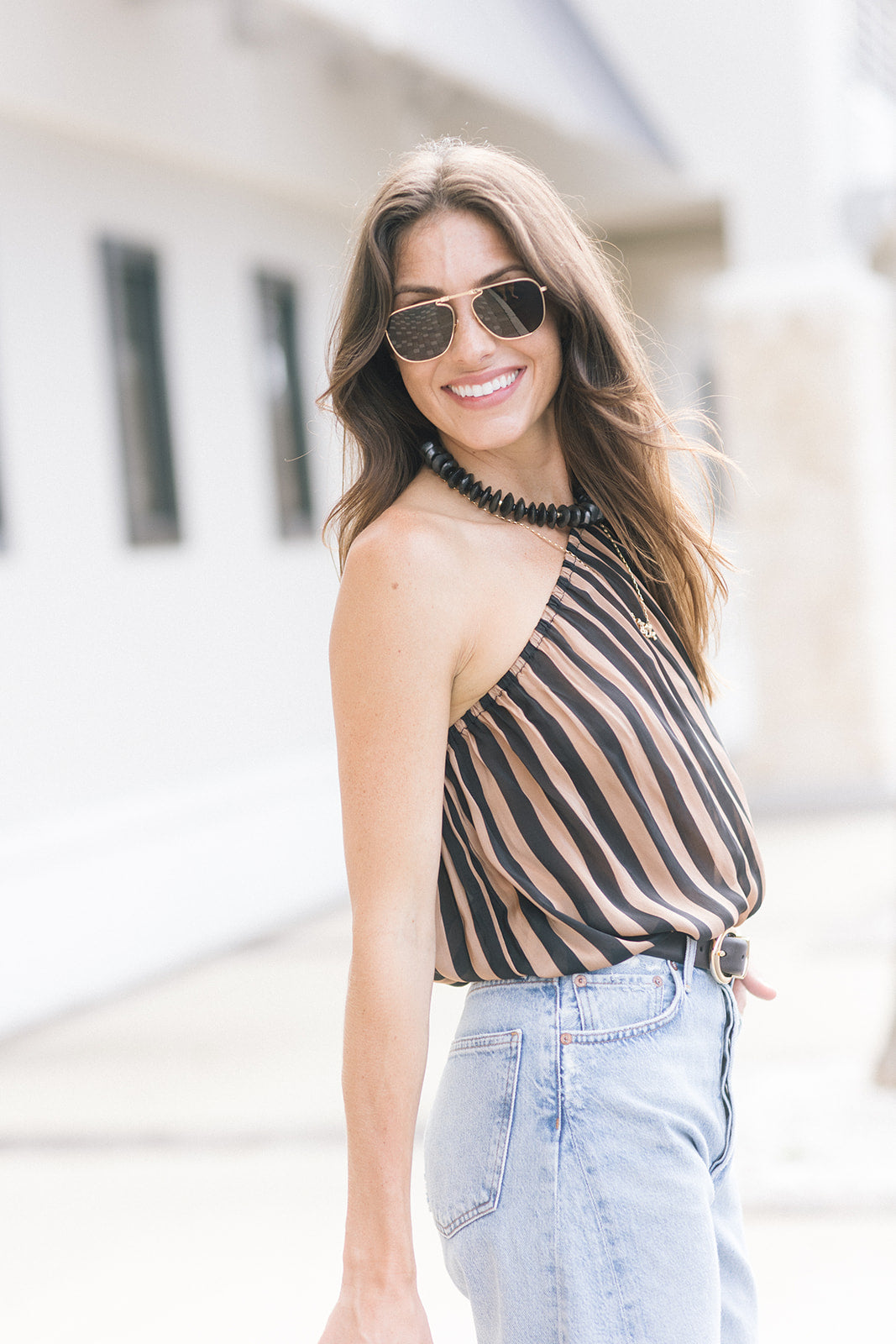 Erin One Shoulder Top side view with Zander Fold 18K Crystal Polarized Sunglasses