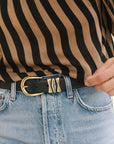 The William Split Decision Belt in Dark Brown on model close up