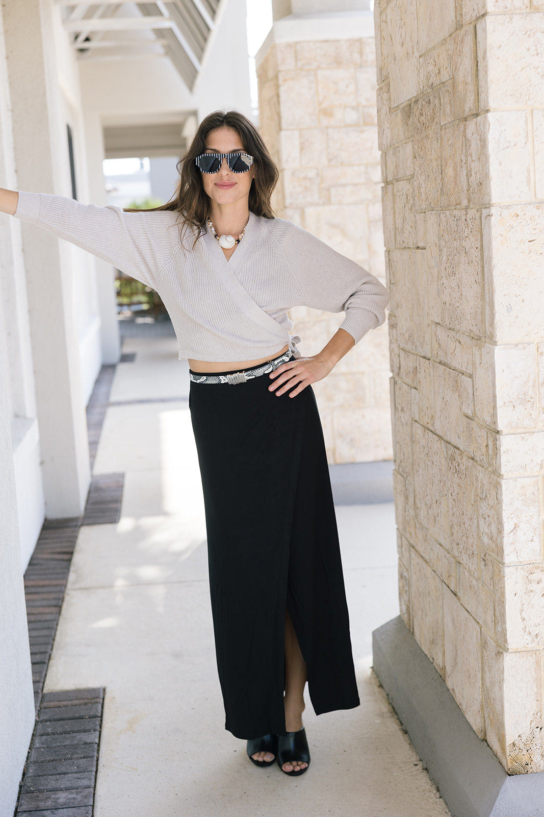 Composure Cardigan full body with black skirt