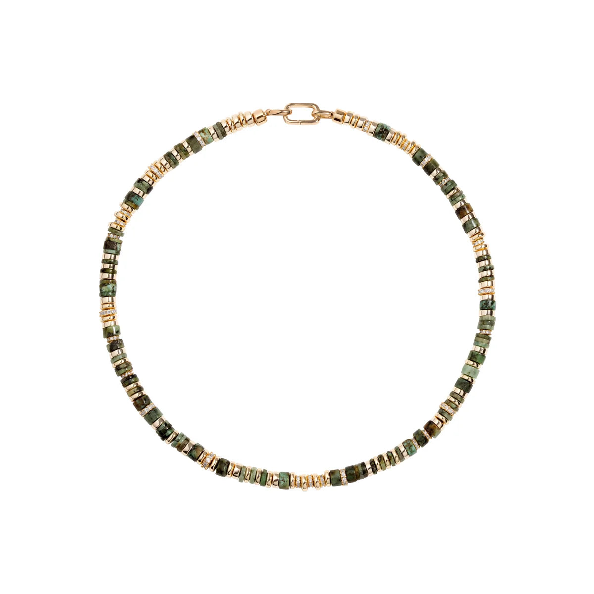 beaded necklace with green and gold accents on a white background 