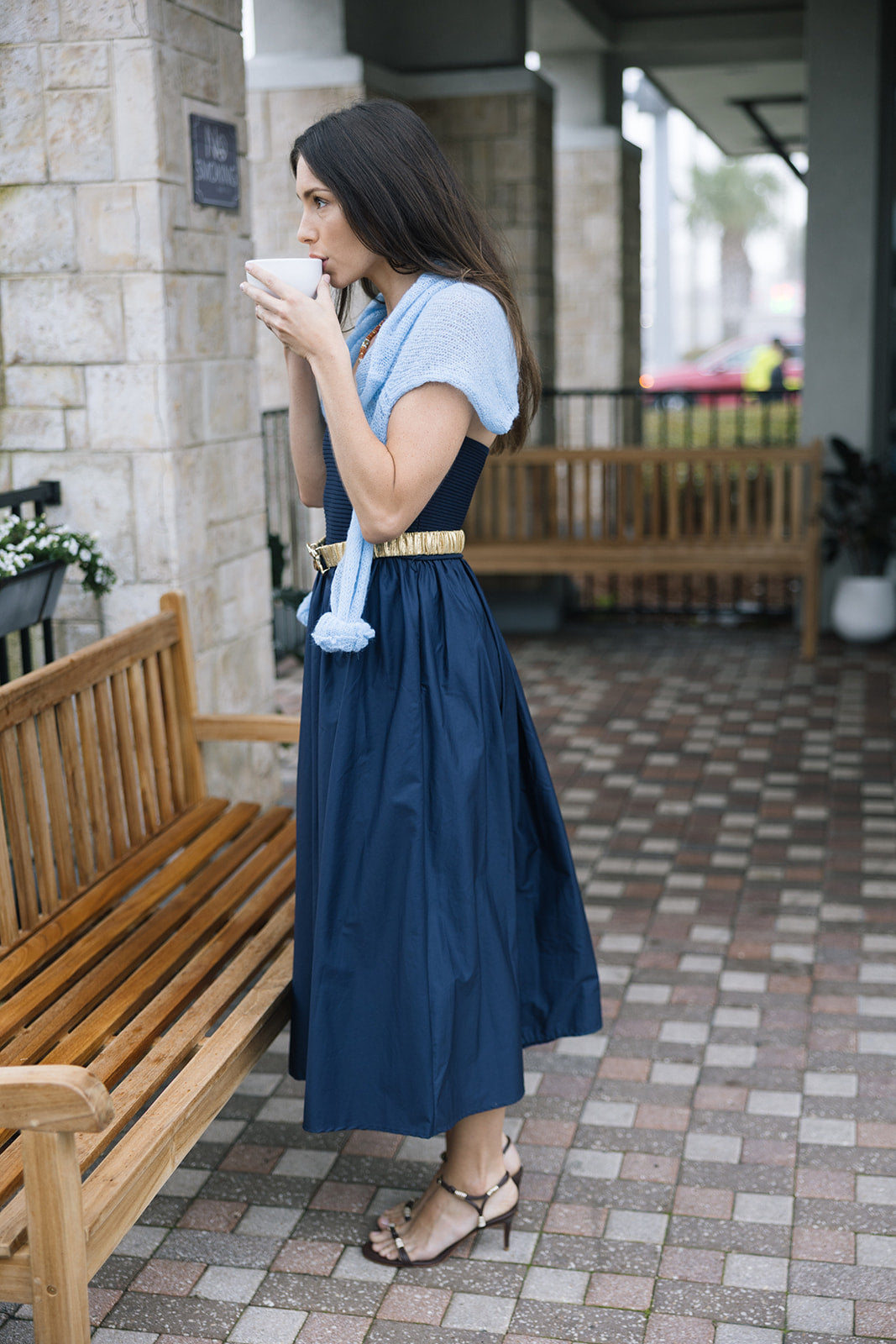 Ines Knit Combo Dress with Lele Sadoughi belt with Nixie Pullover over shoulders