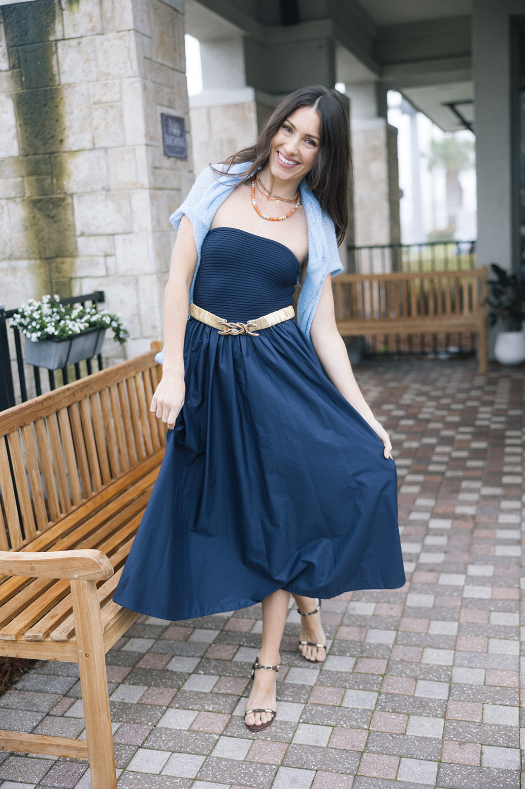 Ines Knit Combo Dress with Lele Sadoughi belt front view with Nixie Pullover over shoulders