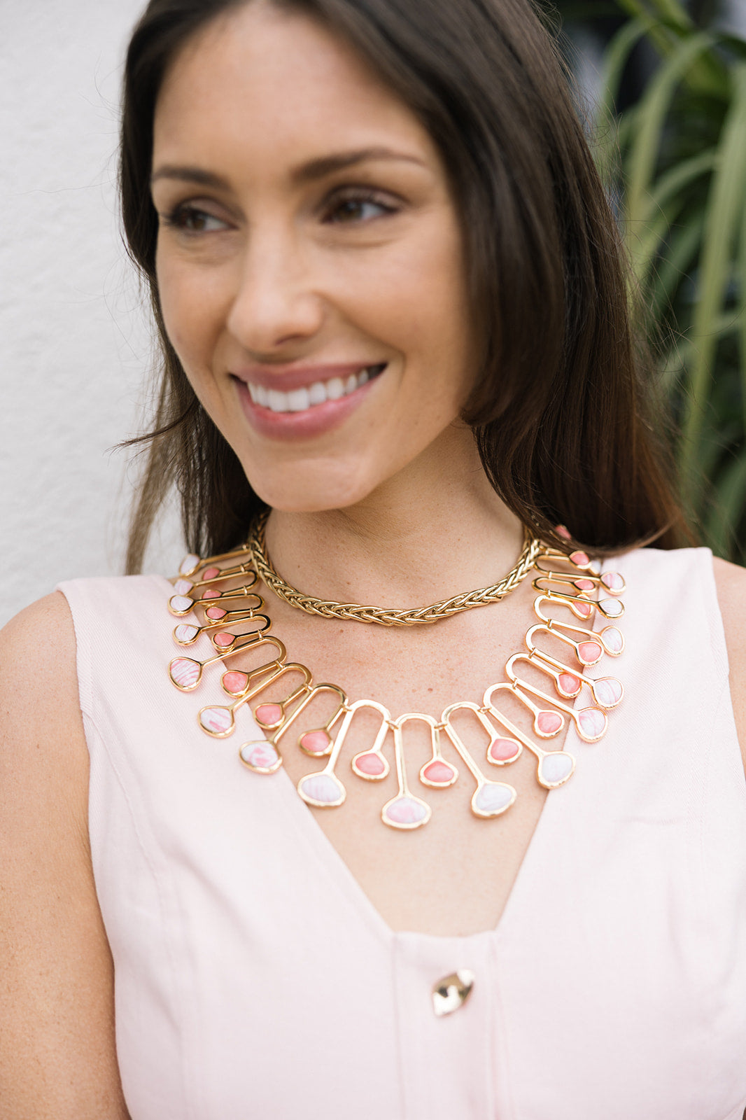Coral Flamingo Necklace on model