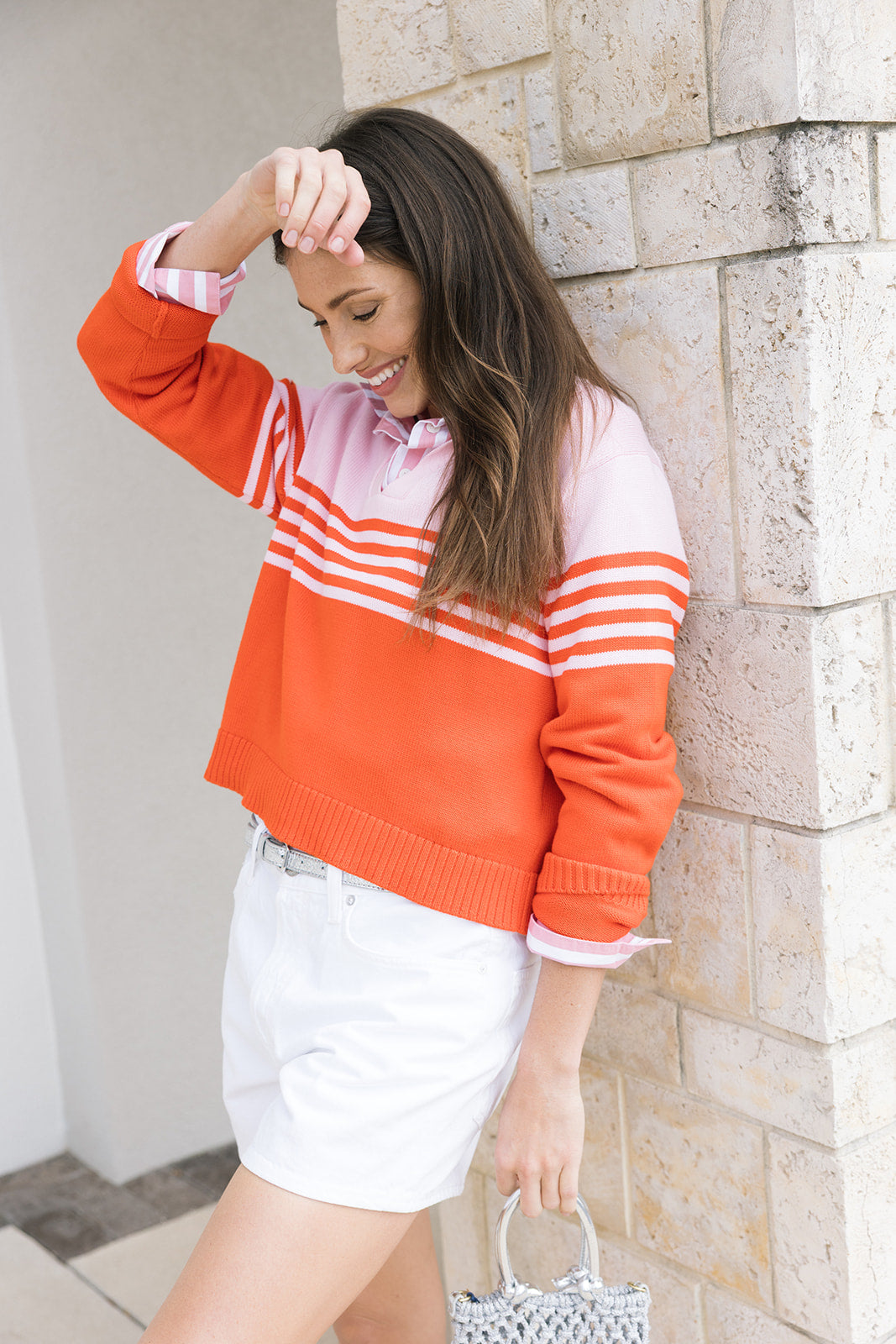 Leith Short in Marshmallow and Jules Knit Polo Stripe front/side view