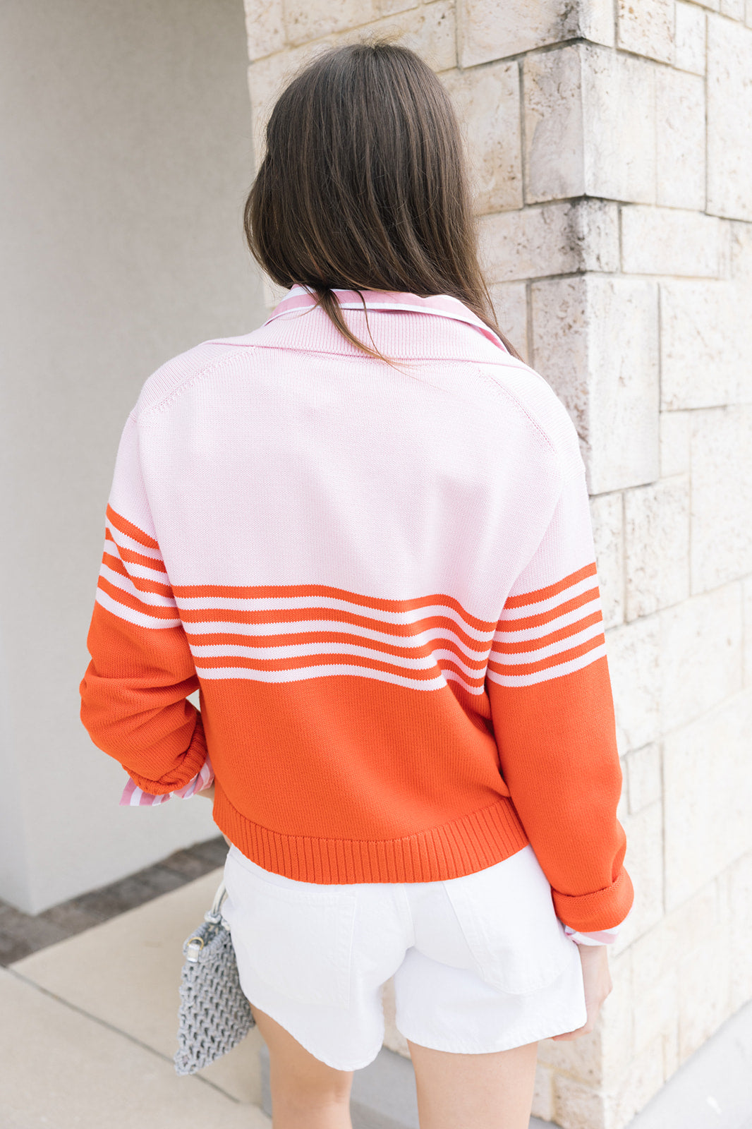 Jules Knit Polo Stripe and Leith Short in Marshmallow back