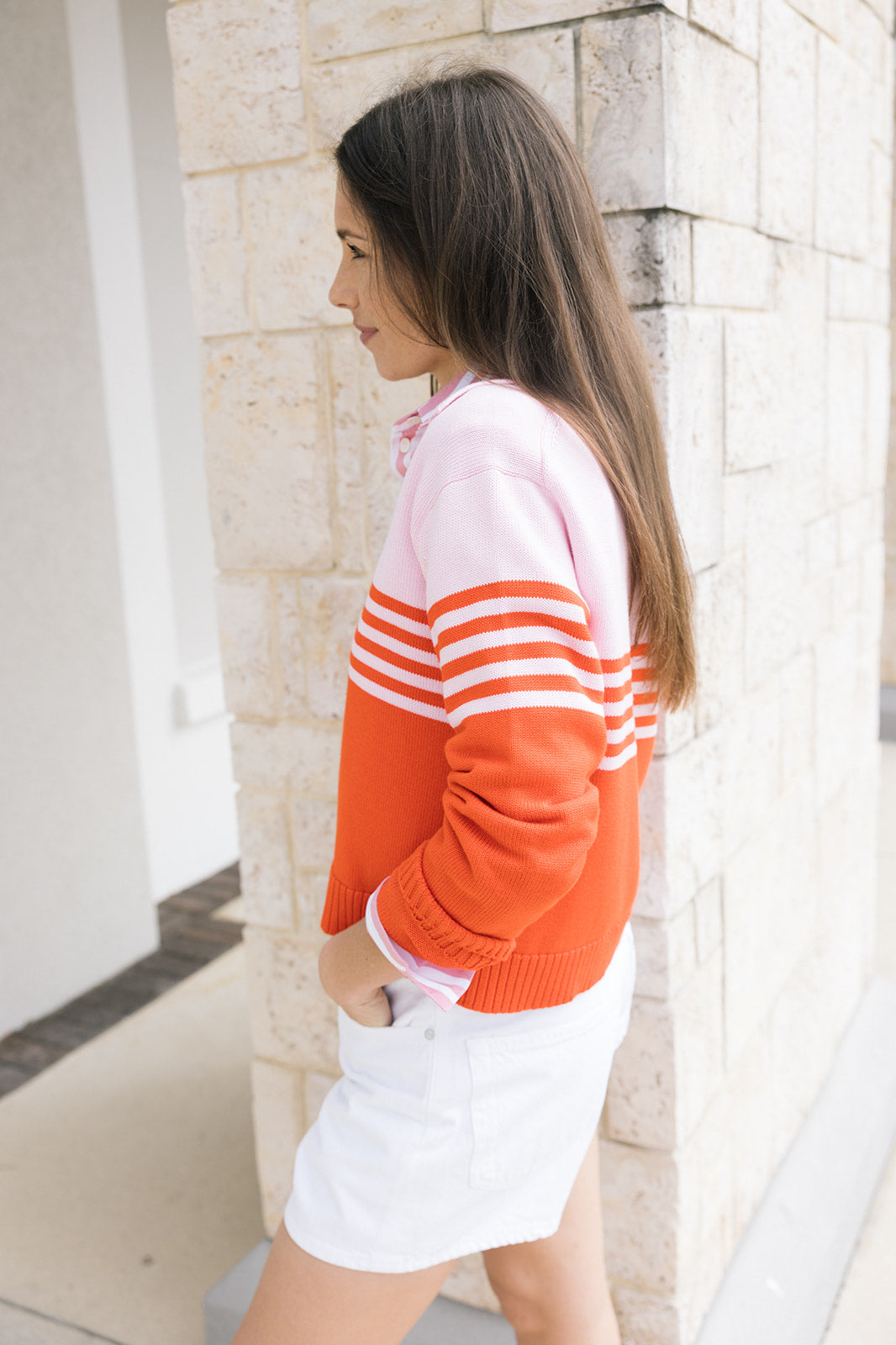 Jules Knit Polo Stripe and Leith Short in Marshmallow side