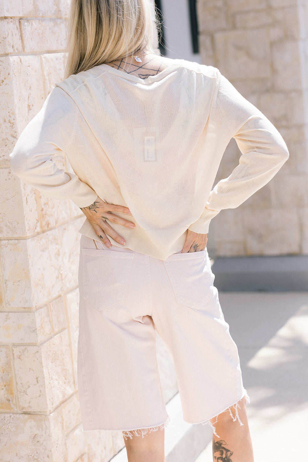 Grandella Sweater Ecru and The Half-Pipe Bermuda Fray Peach Puree back