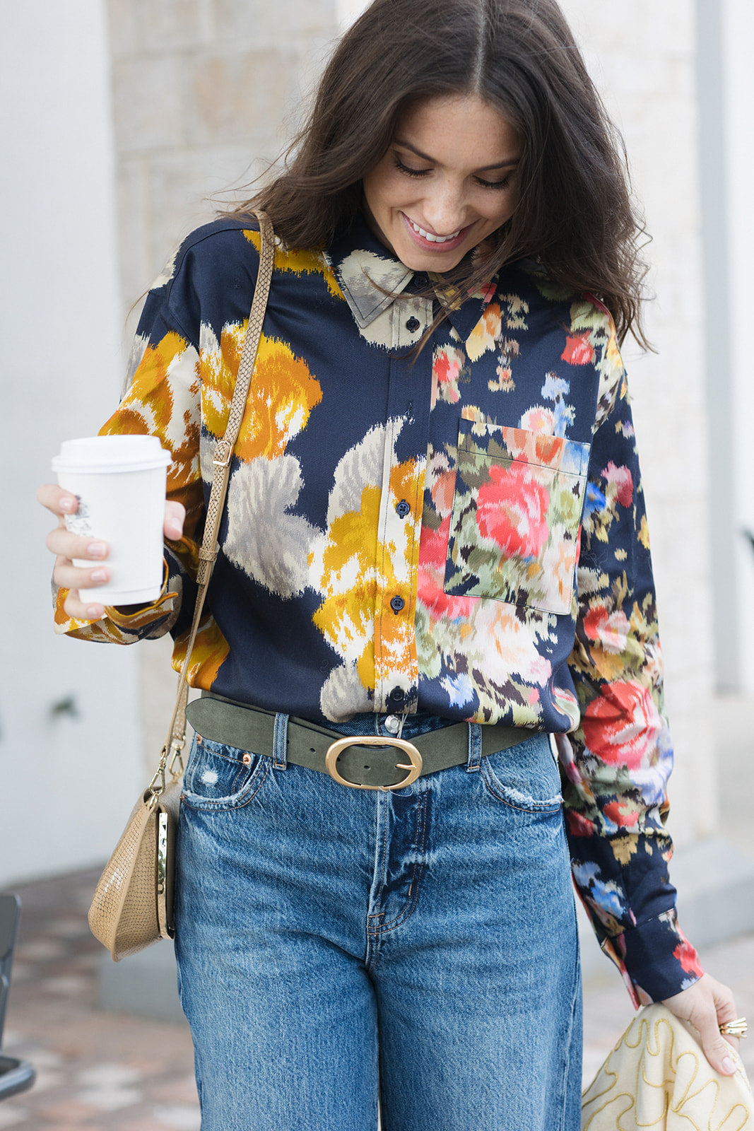 Jesper Oversize Print Button Down tucked in to jeans, front view