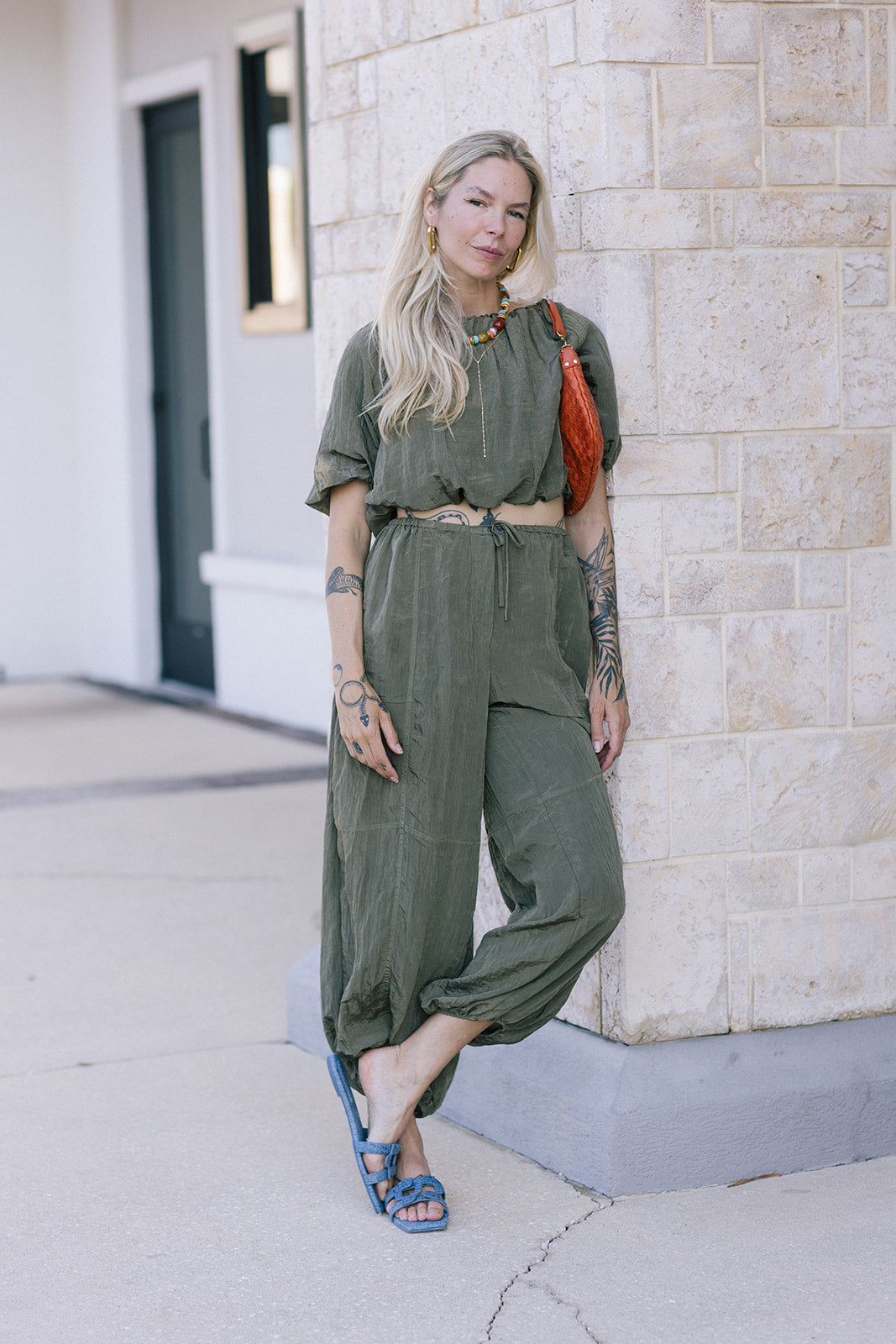 Anni Puff Sleeve Cropped Top and Freya Parachute Pant full body front