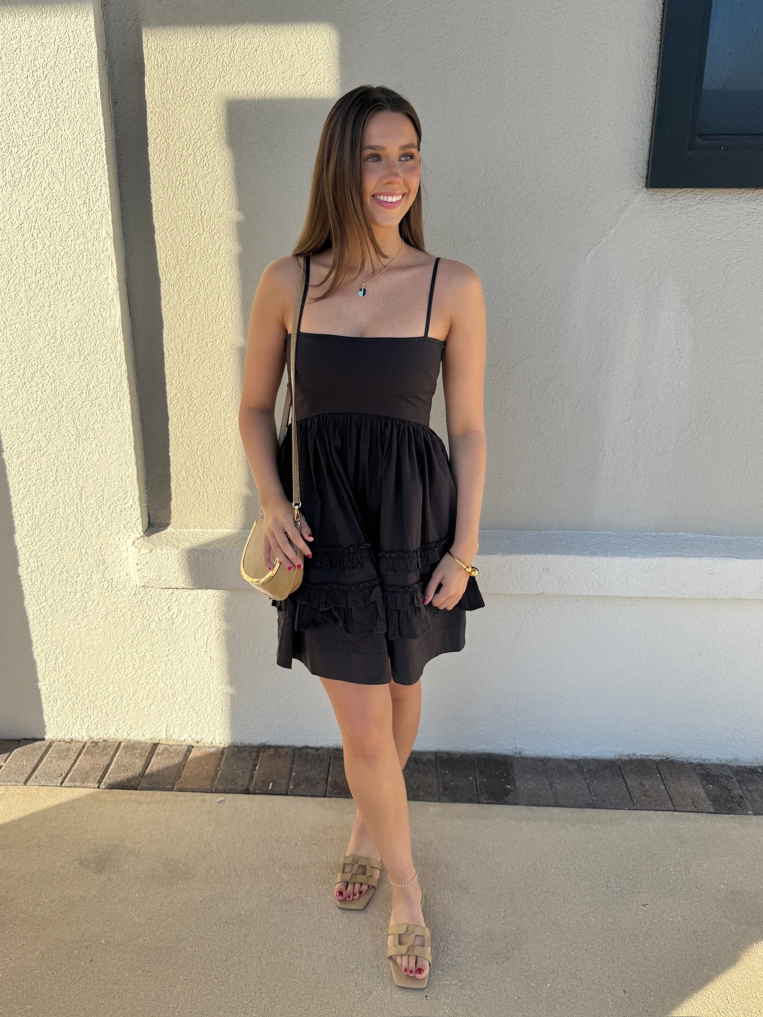 Mini Strap Dress with Frills full body front view