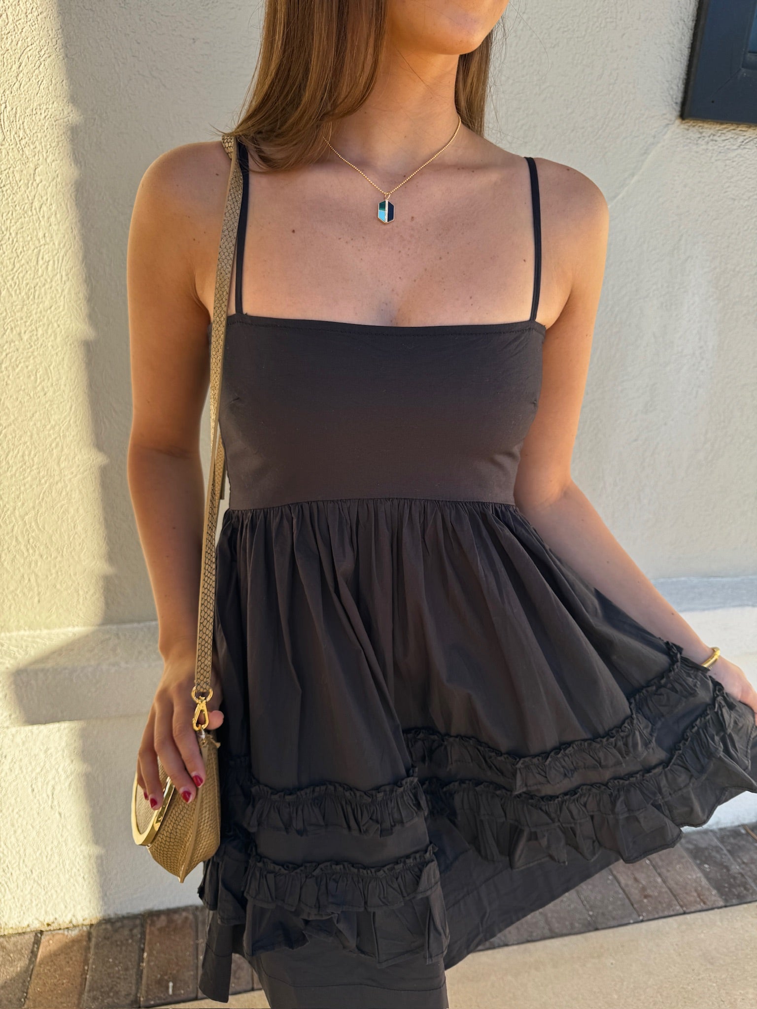 Mini Strap Dress with Frills close up front view