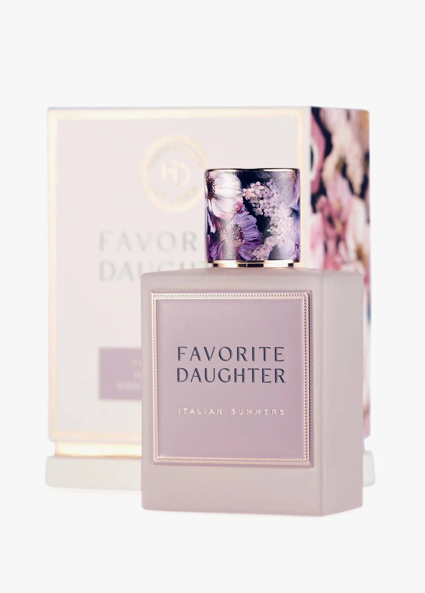 Perfume bottle labeled 'Favorite Daughter' with packaging on a white background