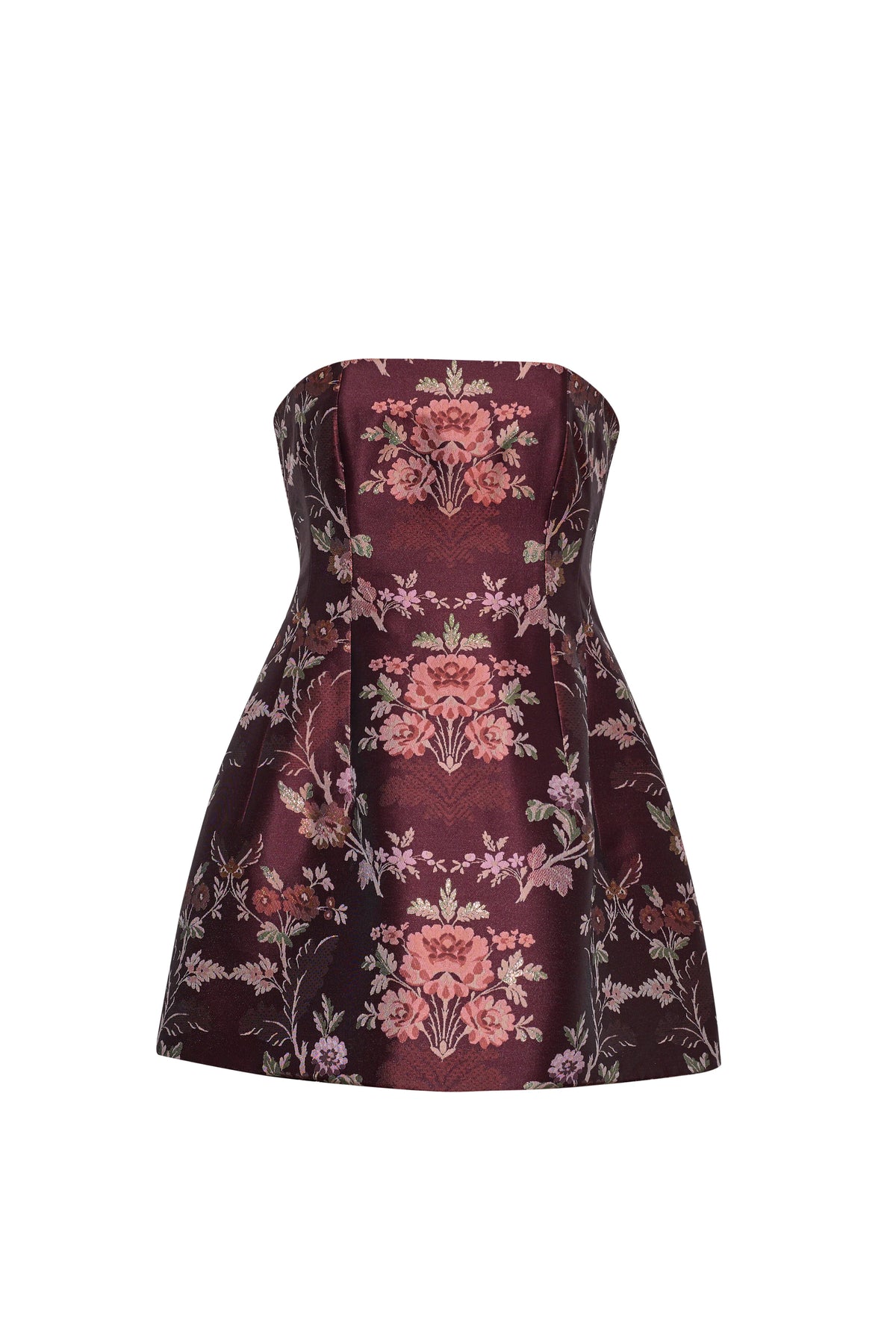 A strapless mini dress featuring a structured, fitted bodice and a flared skirt, decorated with a luxurious floral brocade pattern in burgundy, pink, and green on a white background.