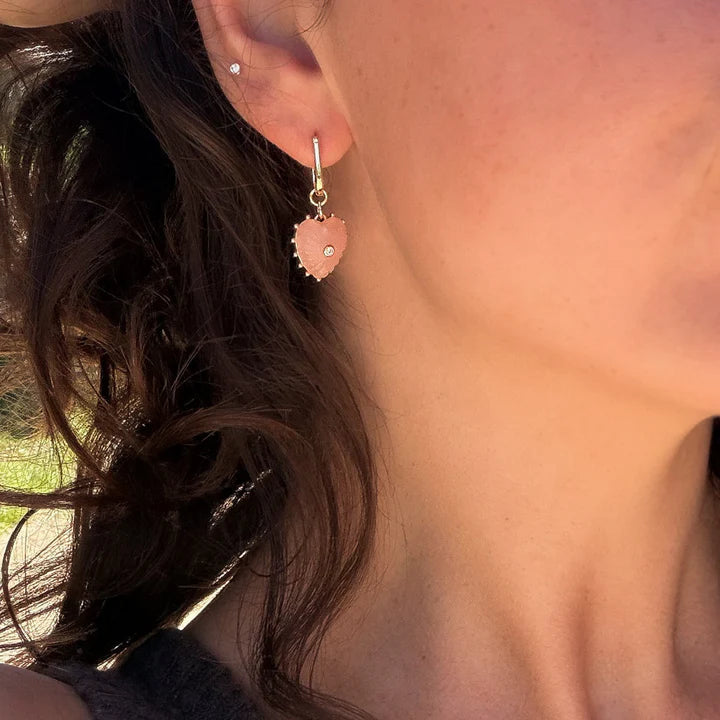 Isabel Pink Jade Heart Earrings on ear