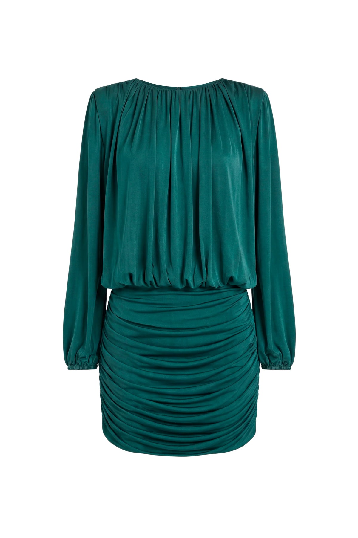 A dark teal green two-piece set consisting of a long-sleeve top with a gathered, pleated bodice and a matching ruched mini skirt, shown against a plain white background.