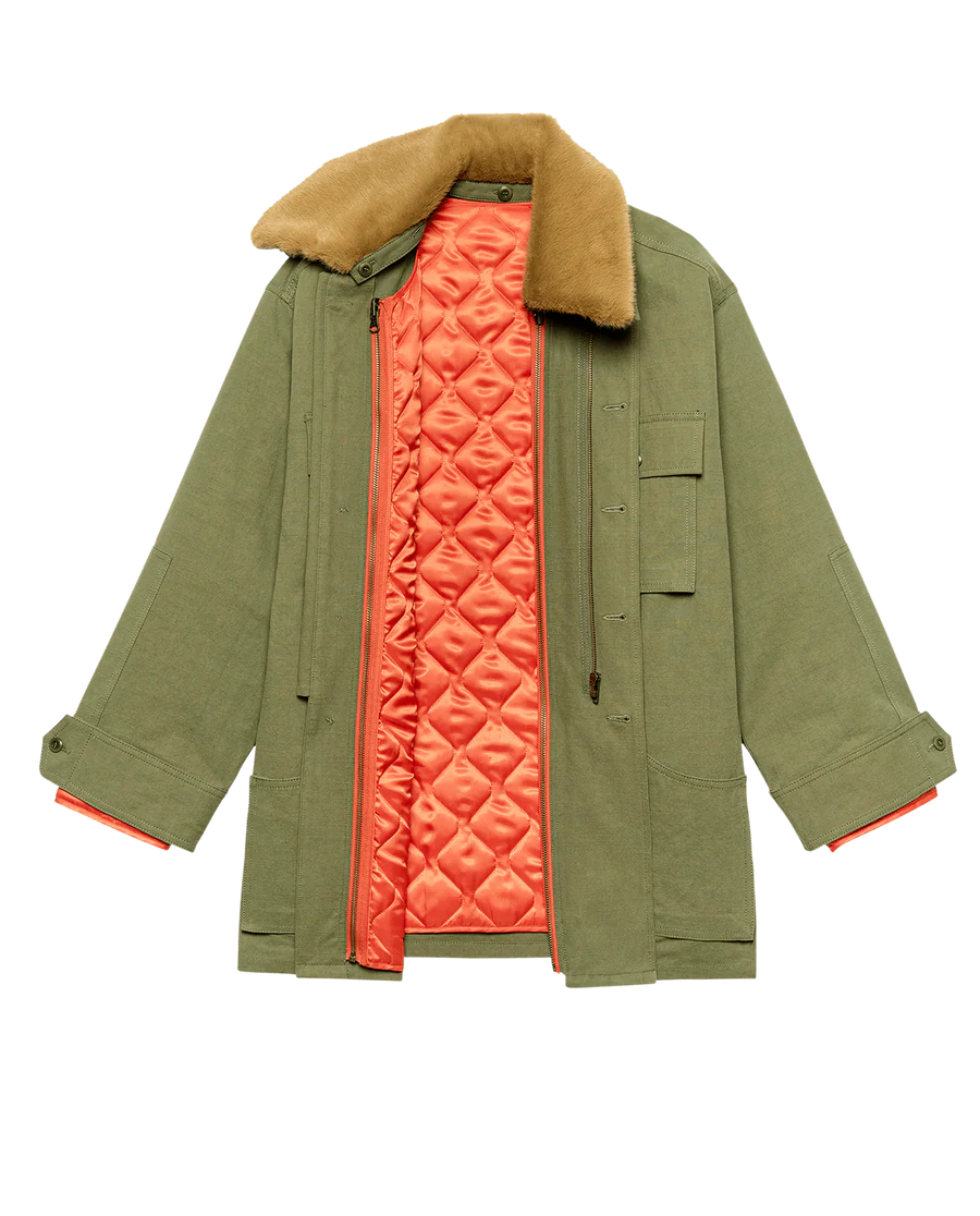 The Quilted Liner Parka green coat with brown fur collar and red quilted interior on a white background