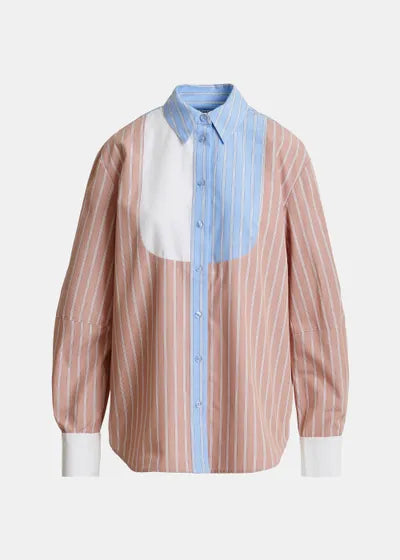 Striped shirt with a blue collar and pink and white striped body on a light gray background