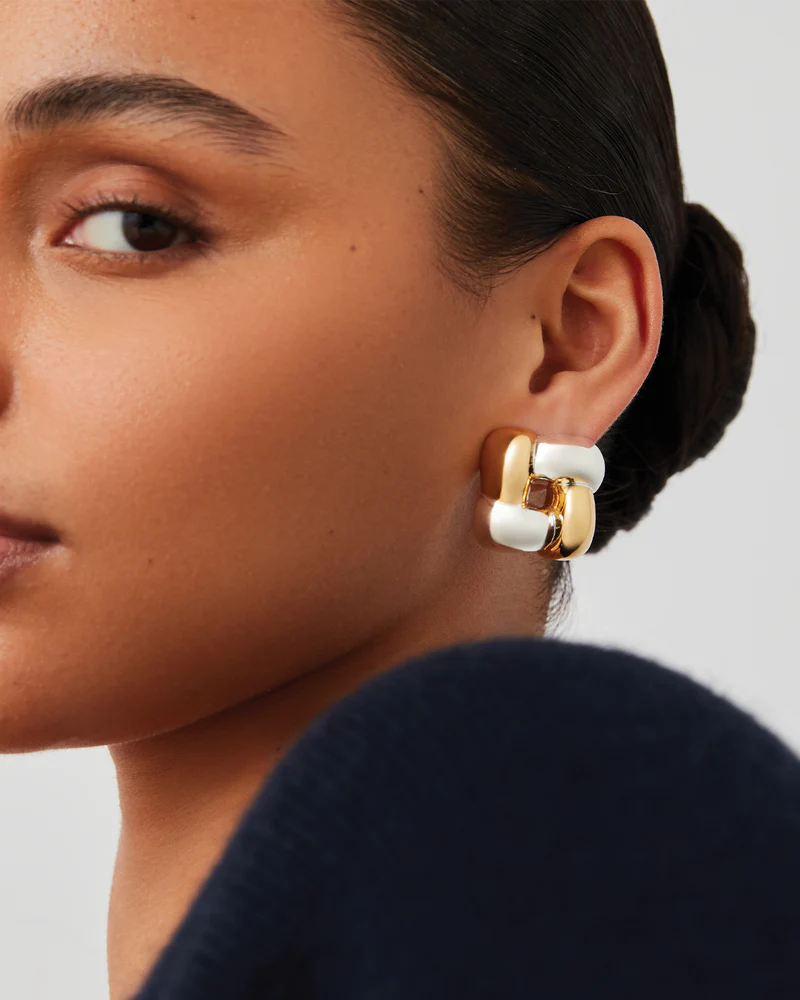 Medium Woven Square Earrings in Two-Tone side view on model
