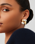 Medium Woven Square Earrings in Two-Tone side view on model