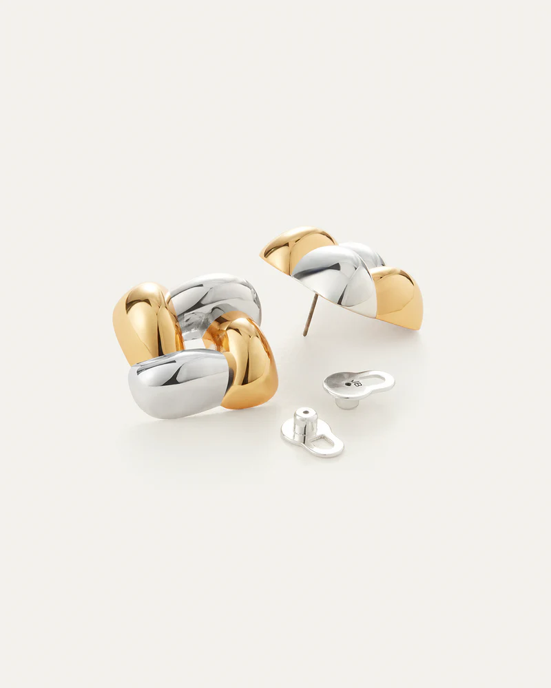 Medium Woven Square Earrings in Two-Tone with both backings taken off on white background
