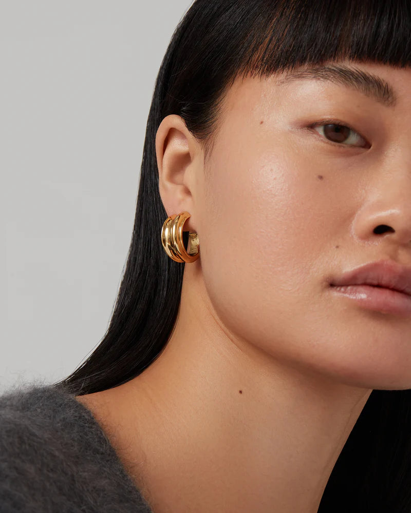 Lennon Hoops in Gold close up front view and slight side view on model