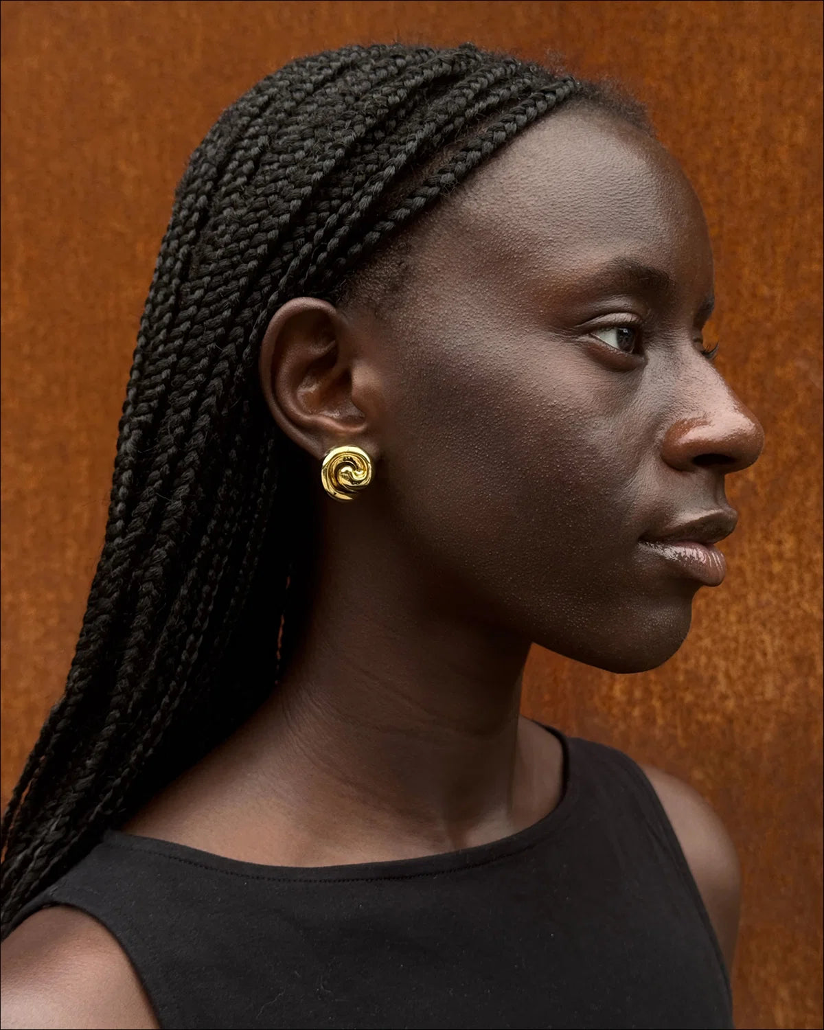 A close-up side profile of a woman with long black braids wearing a gold spiral earring, set against a textured warm brown background.