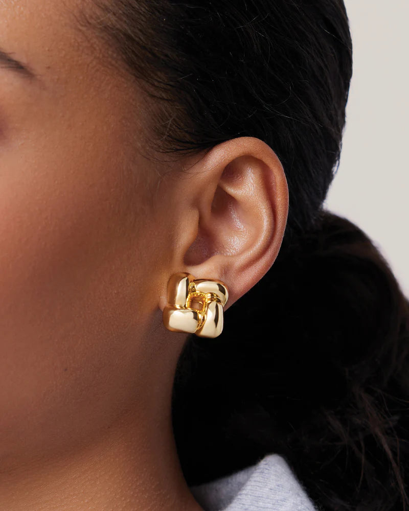 Small Woven Square Earrings in Gold close up front view on model