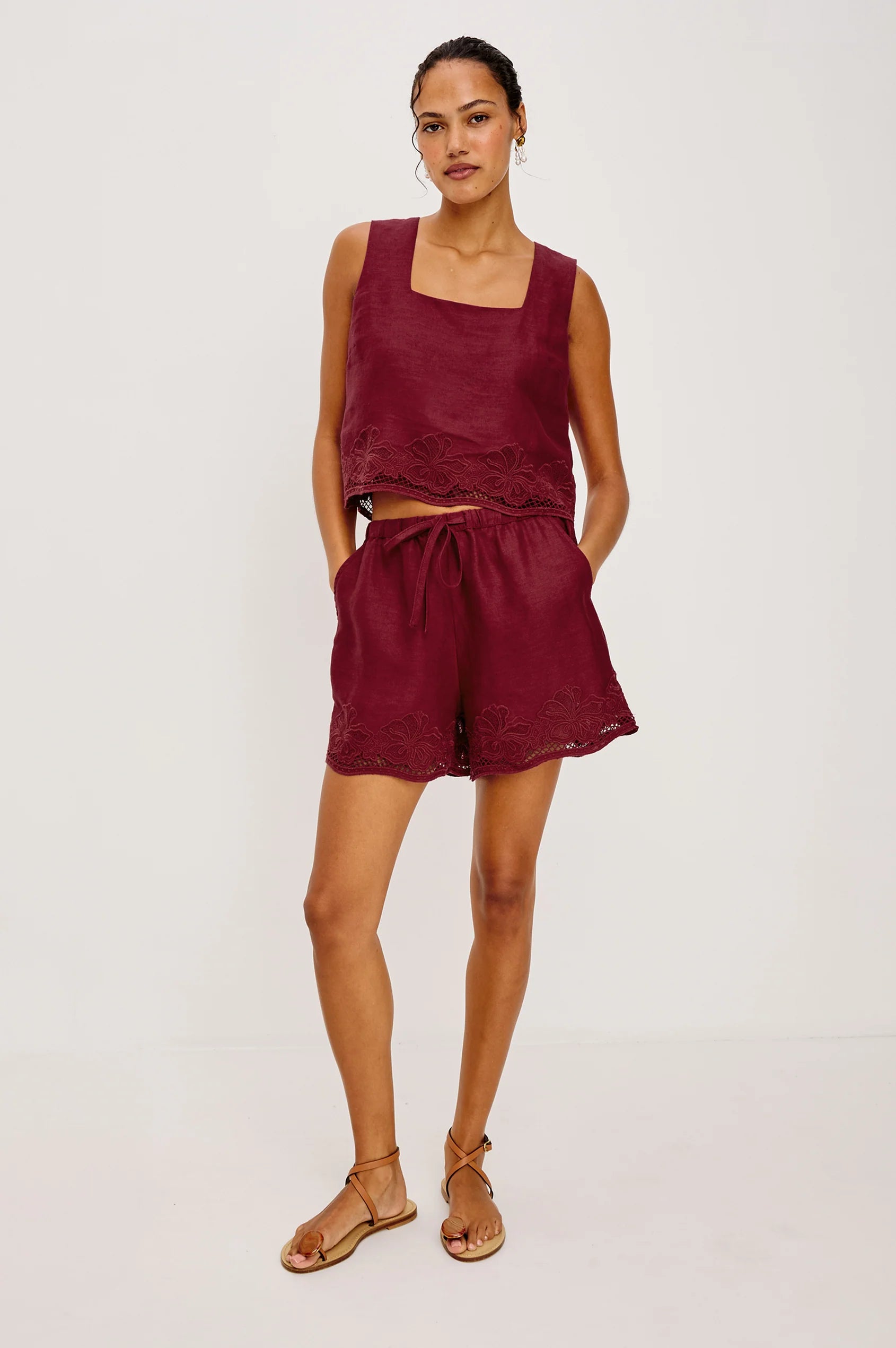 Jenner Short and Akira Top in Berry Hibiscus Embroidery full body