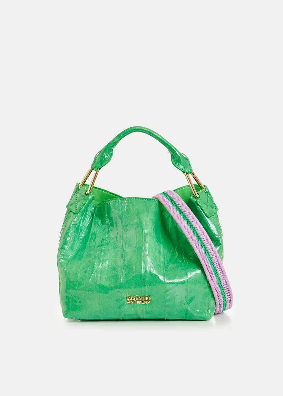 Green handbag with a pink strap on a white background