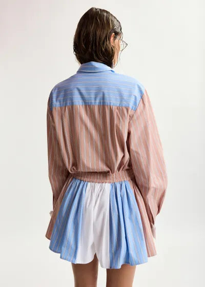 Person wearing a two-tone shirt and shorts with blue and pink stripes on a white background
