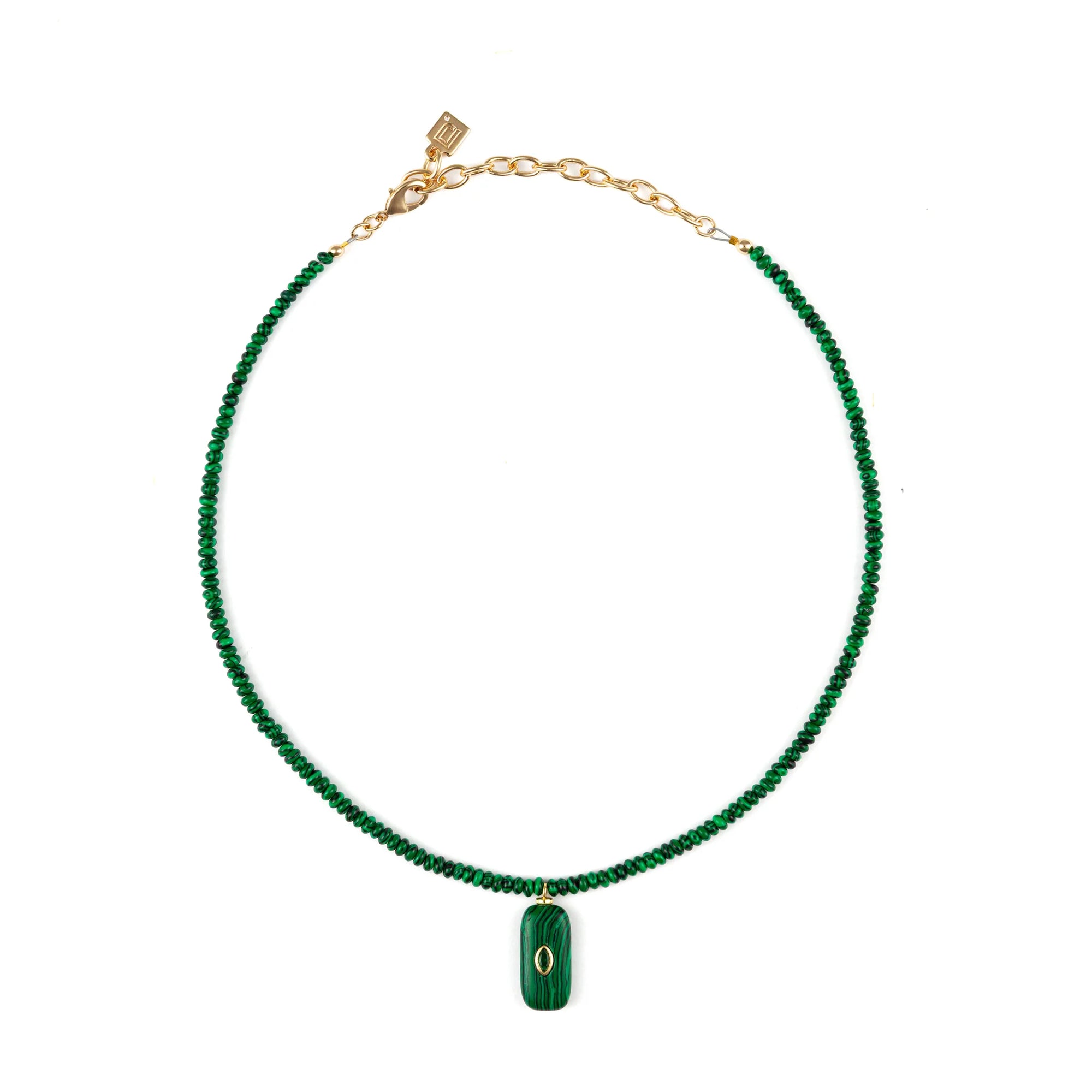 Green beaded necklace with a gold clasp on a white background