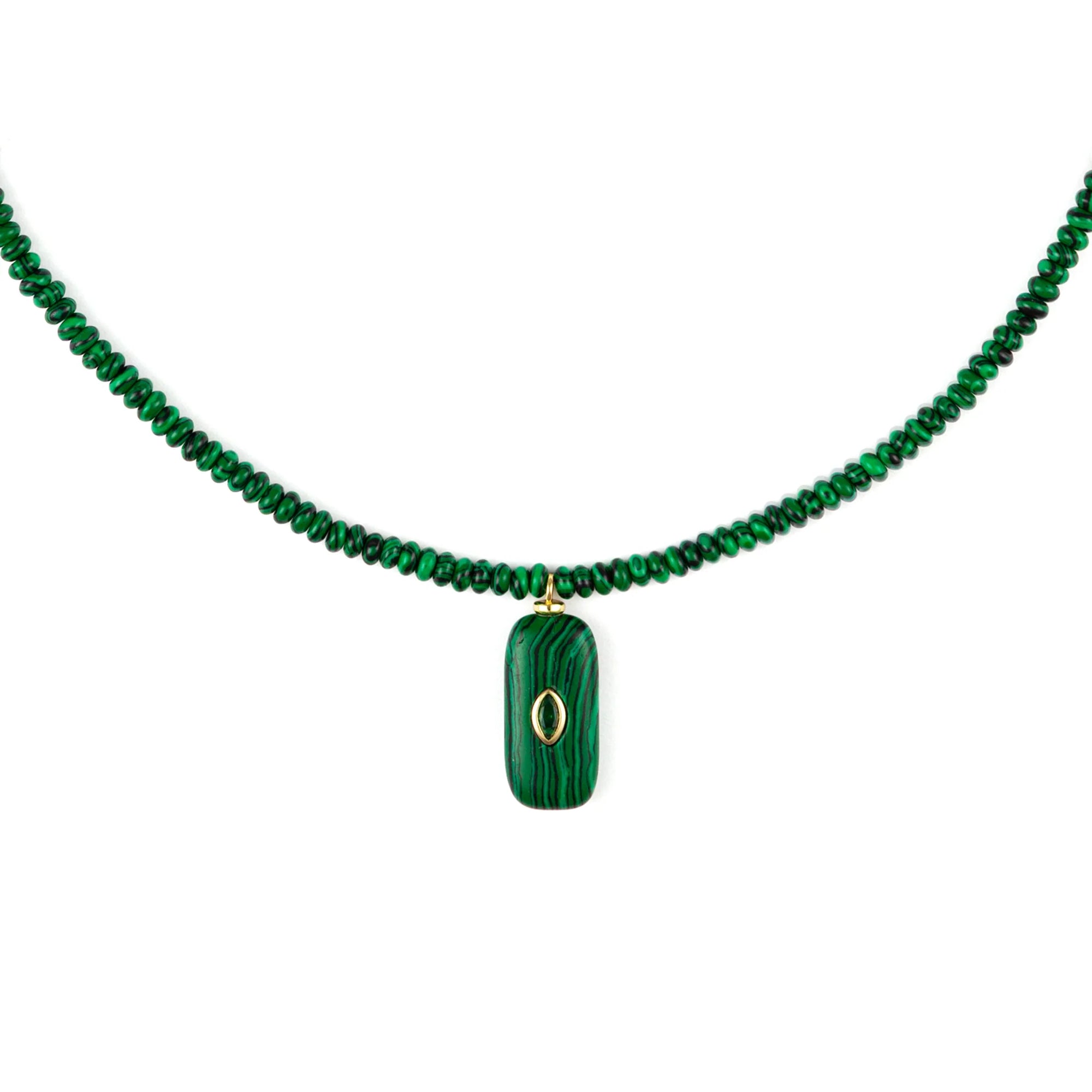 Green beaded necklace with a pendant on a white background