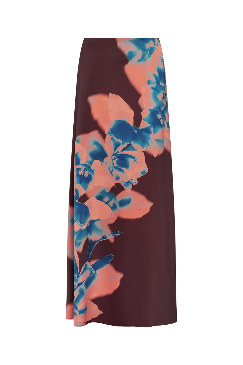A long skirt in dark burgundy with a large abstract floral print in peach and blue, shown against a plain white background.