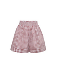 Red and white gingham patterned shorts with a smocked elastic waistband, shown against a plain white background.
