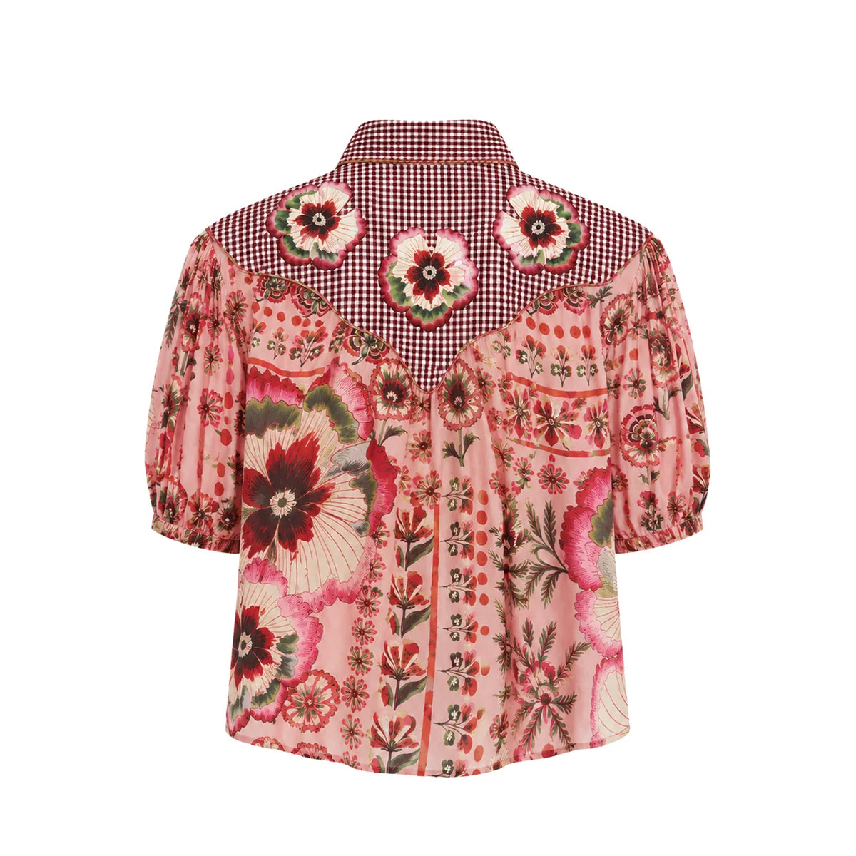 A short-sleeve button-up shirt with a pink floral print and a red-and-white gingham collar, shown against a plain white background.