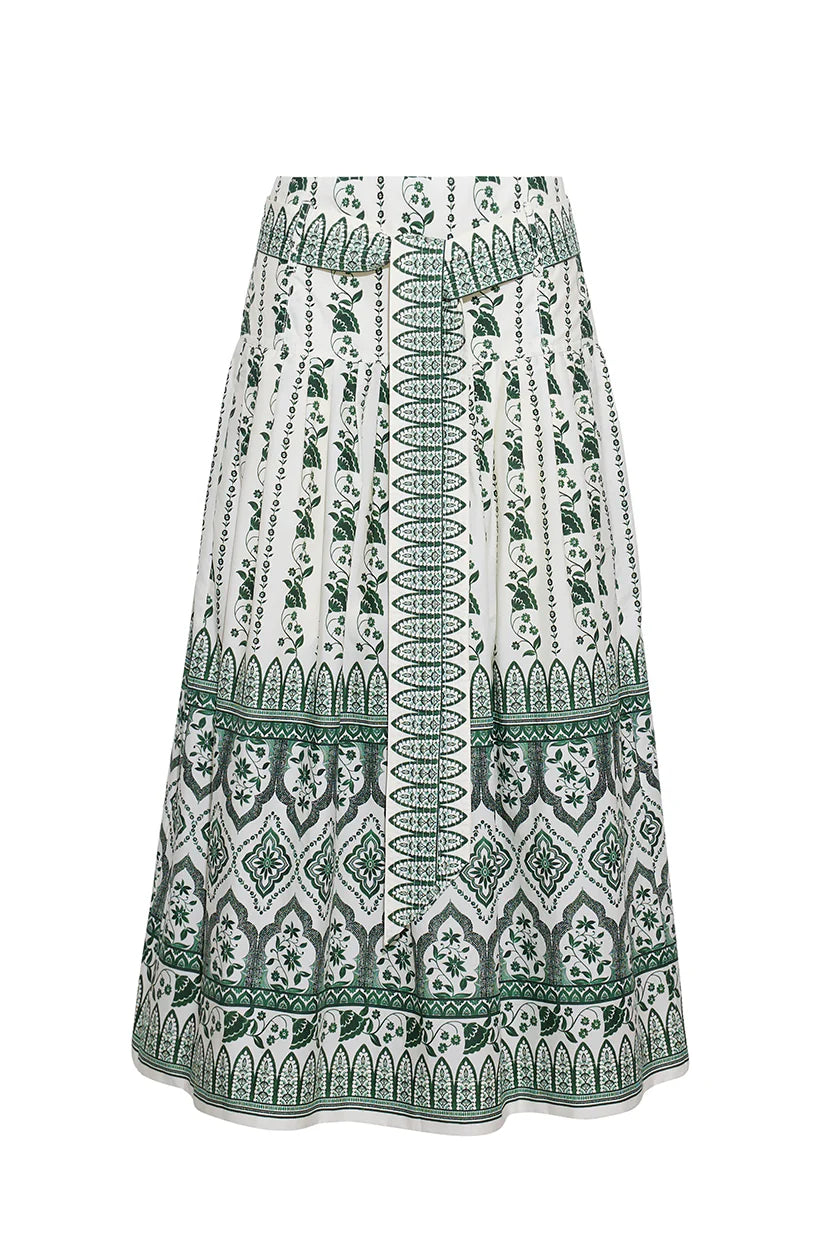 Green and white patterned skirt on a white background