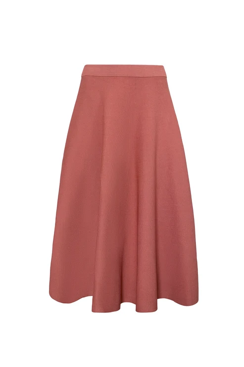 A rust A-line midi skirt with a subtle textured pattern, shown against a plain white background.