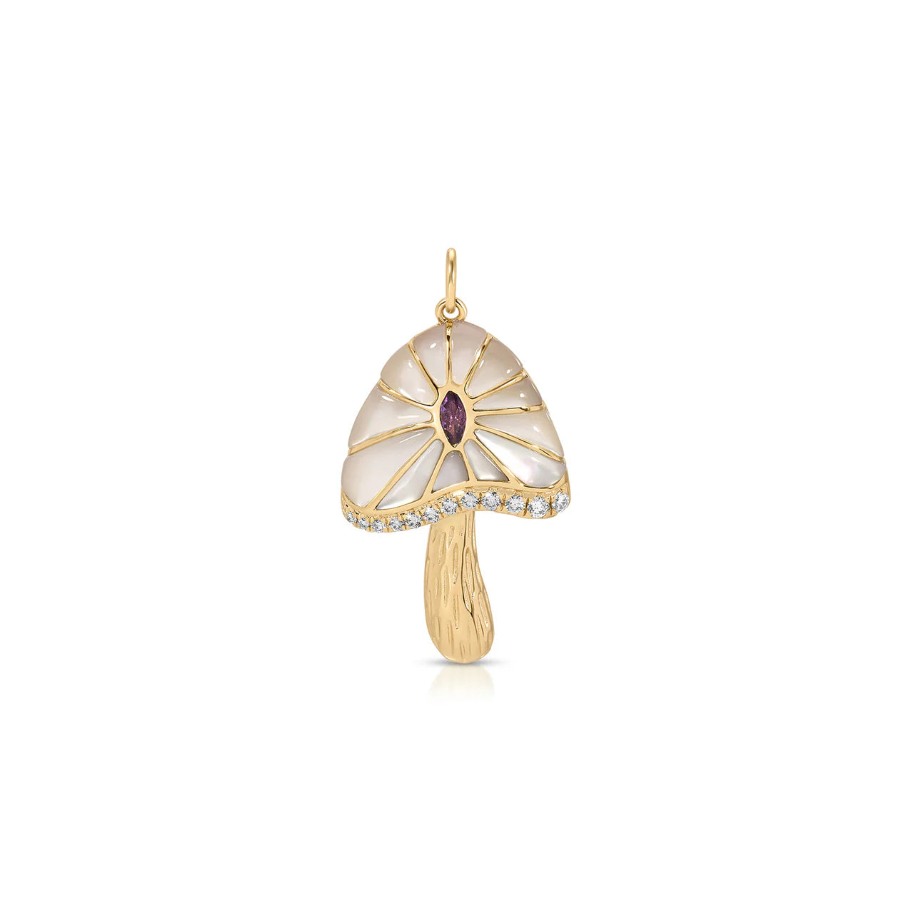 Gold mushroom pendant with a purple gemstone on a white background