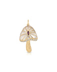 Gold mushroom pendant with a purple gemstone on a white background