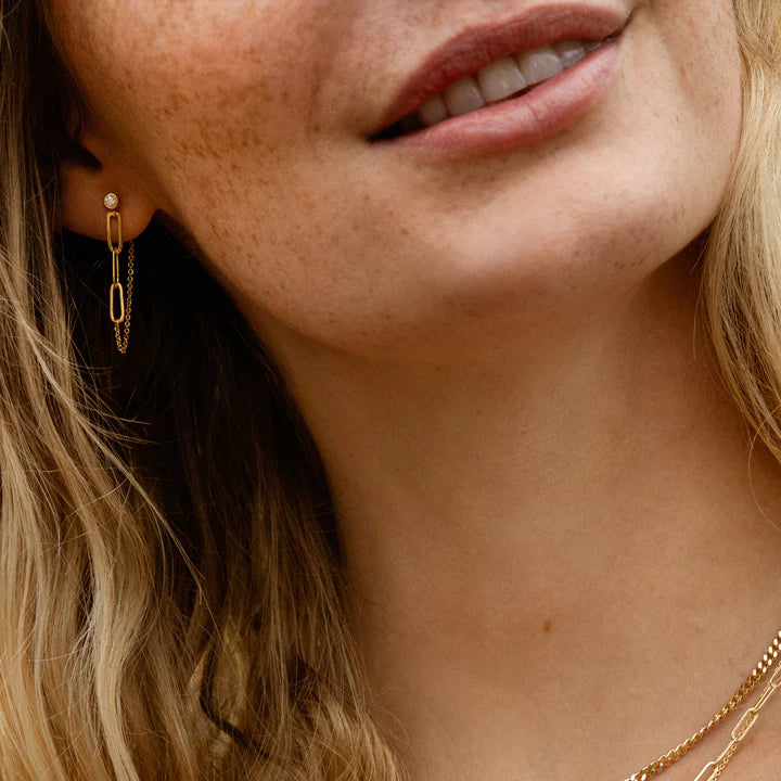 Close-up of a person wearing gold earrings and a necklace with a blurred background.