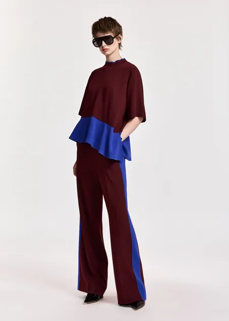 A model wearing a two-piece color-blocked outfit consisting of a high-neck, short-sleeved top with a peplum hem in burgundy and royal blue, paired with matching wide-leg trousers with blue side panels. The model is also wearing black sunglasses.