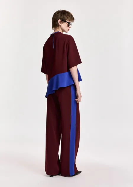 A model is shown from the back wearing a two-piece outfit consisting of a burgundy top with a bright blue ruffled underlayer and matching wide-leg trousers with a blue side stripe, set against a plain light gray background.