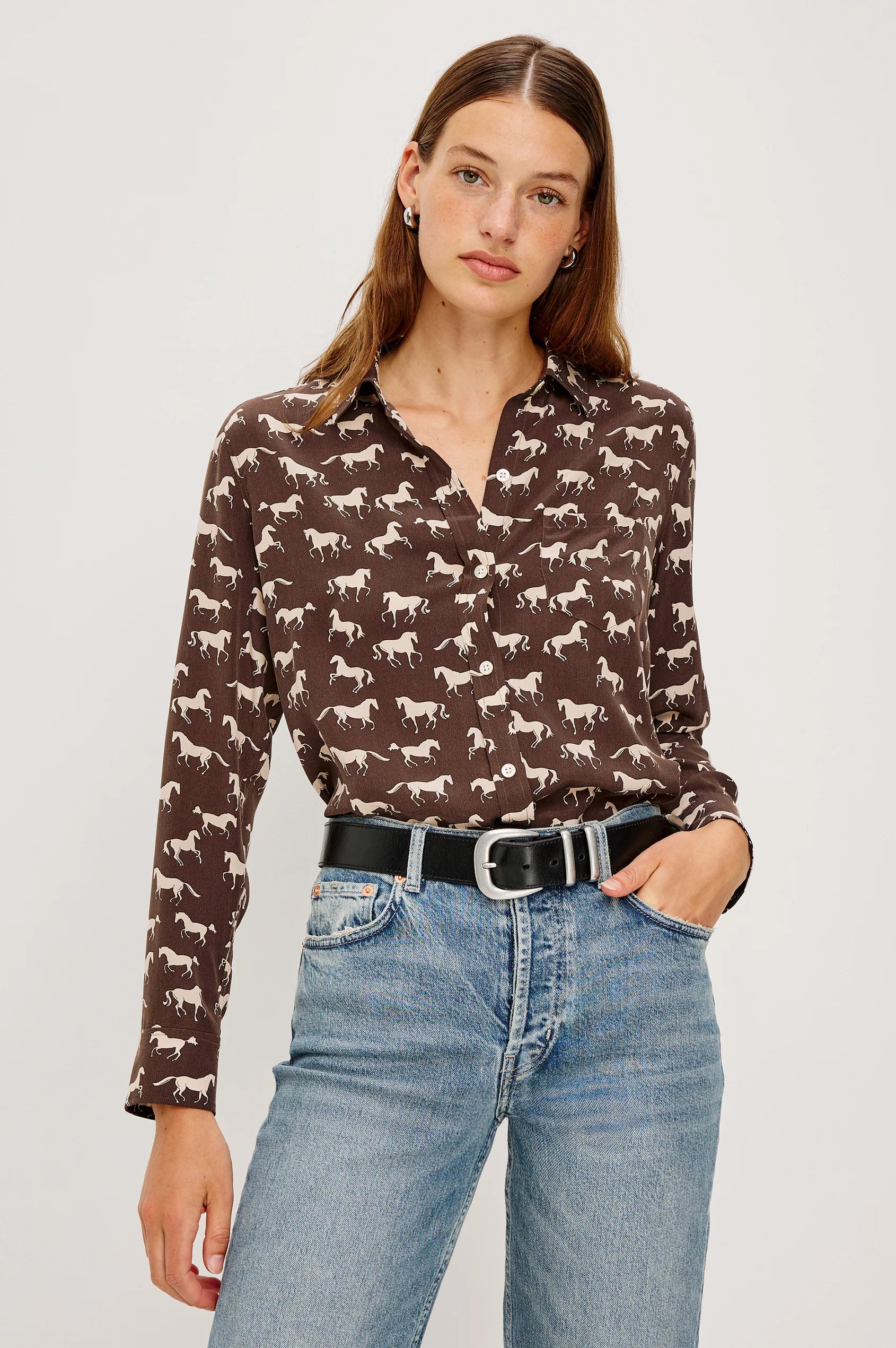 Woman modeling horse printed silk shirt front view