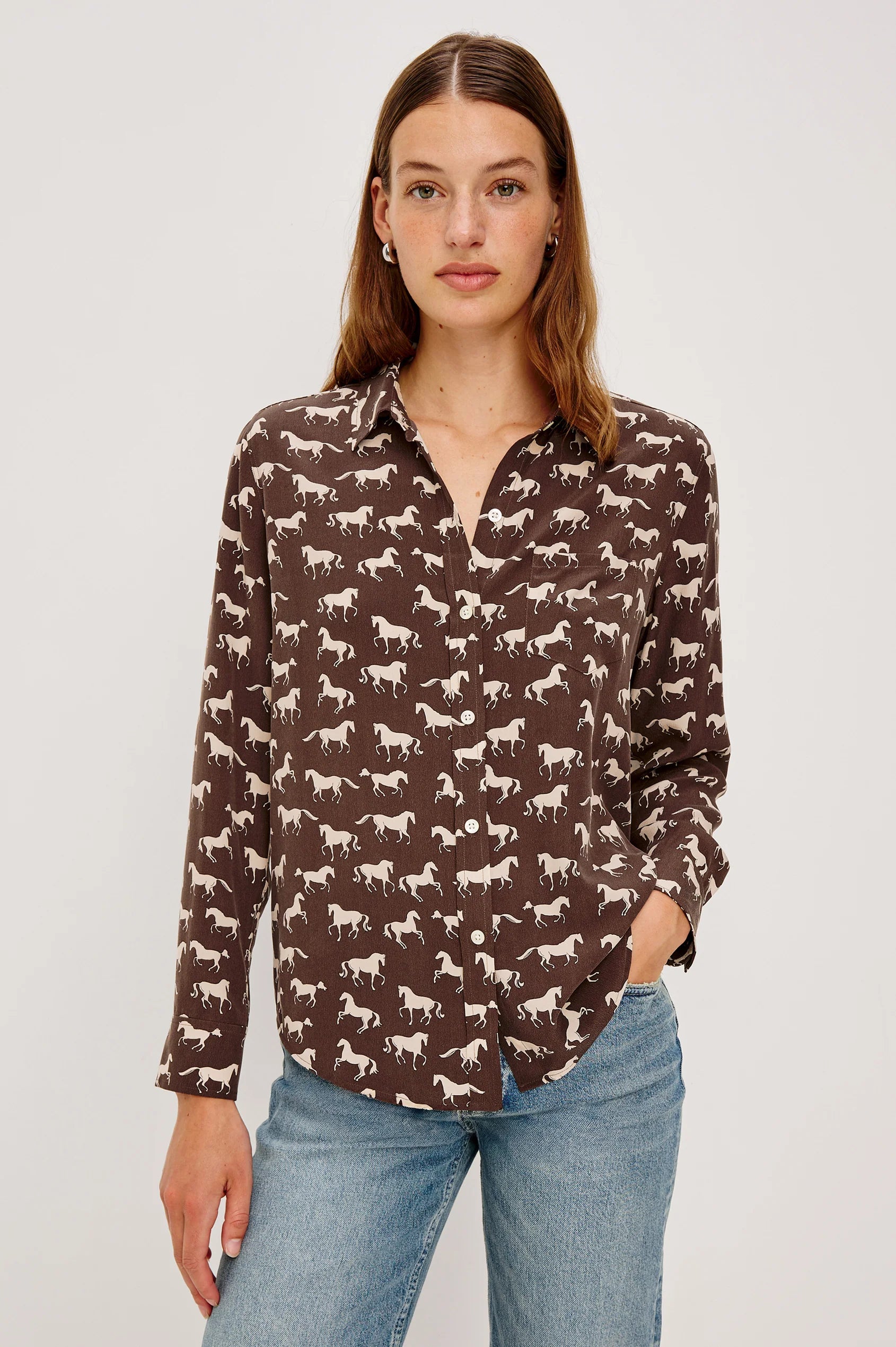 Woman modeling horse printed silk shirt front view
