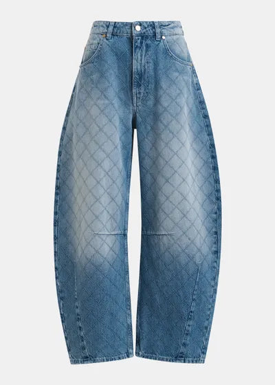 Blue jeans with a diamond pattern on a light gray background