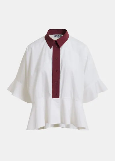 White shirt with a burgundy collar on a white background