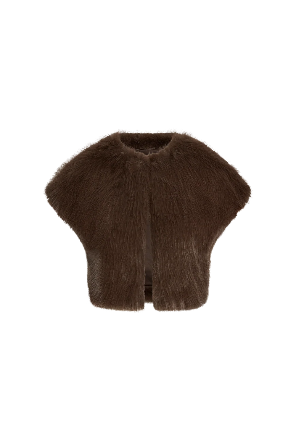 A dark brown faux fur cropped cape jacket with wide shoulder flares, shown against a plain white background.