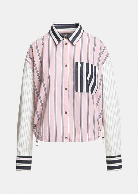 A cropped button-up shirt jacket featuring vertical pink and navy stripes on the body, contrasting solid navy and white striped collar, cuffs, and chest pocket, and solid white striped sleeves.