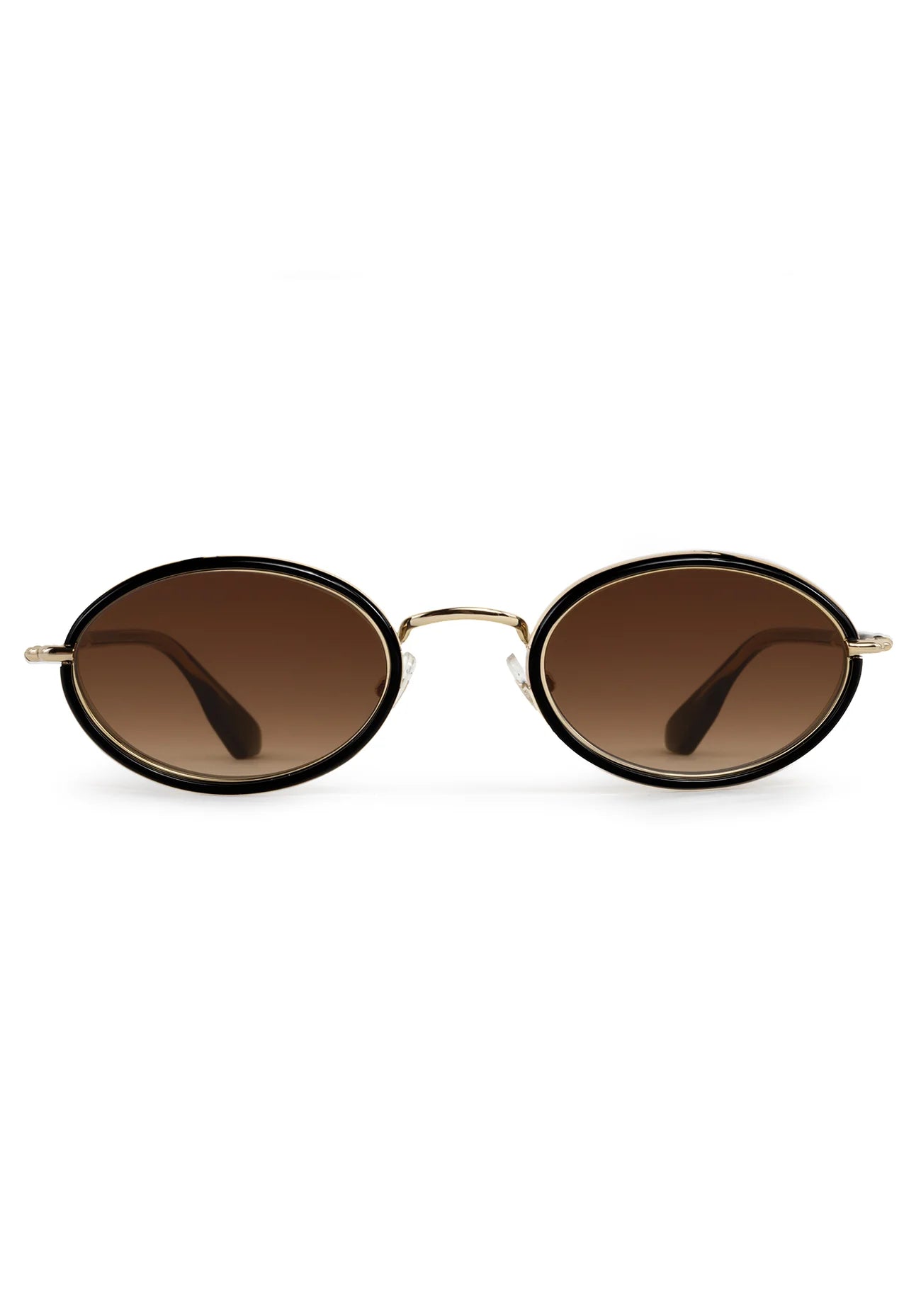 Oval sunglasses with dark brown gradient lenses, a black acetate frame, and gold metal rims and bridge, shown against a plain white background.