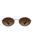 Oval sunglasses with dark brown gradient lenses, a black acetate frame, and gold metal rims and bridge, shown against a plain white background.